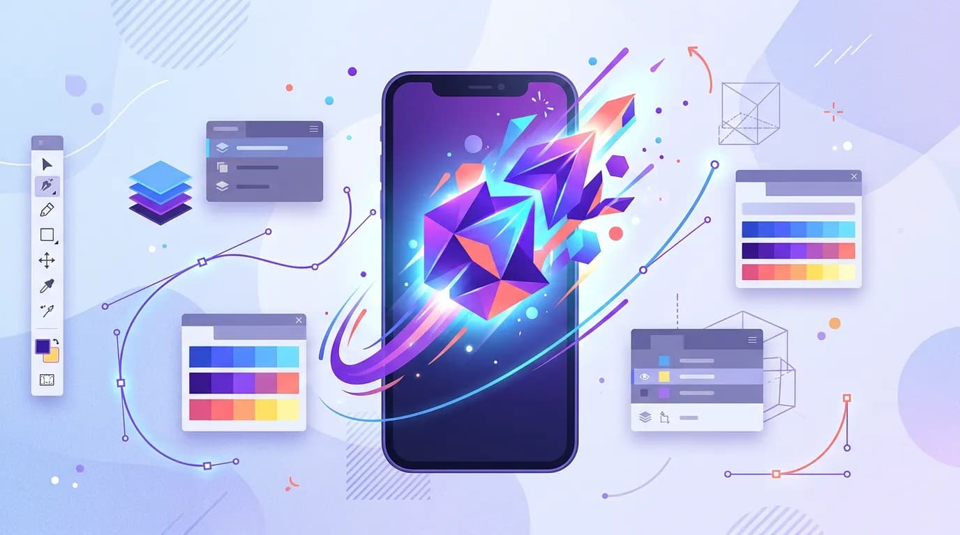 Ilustrasi proses perancangan logo motion ready yang dinamis untuk tampilan aplikasi ponsel startup modern.
